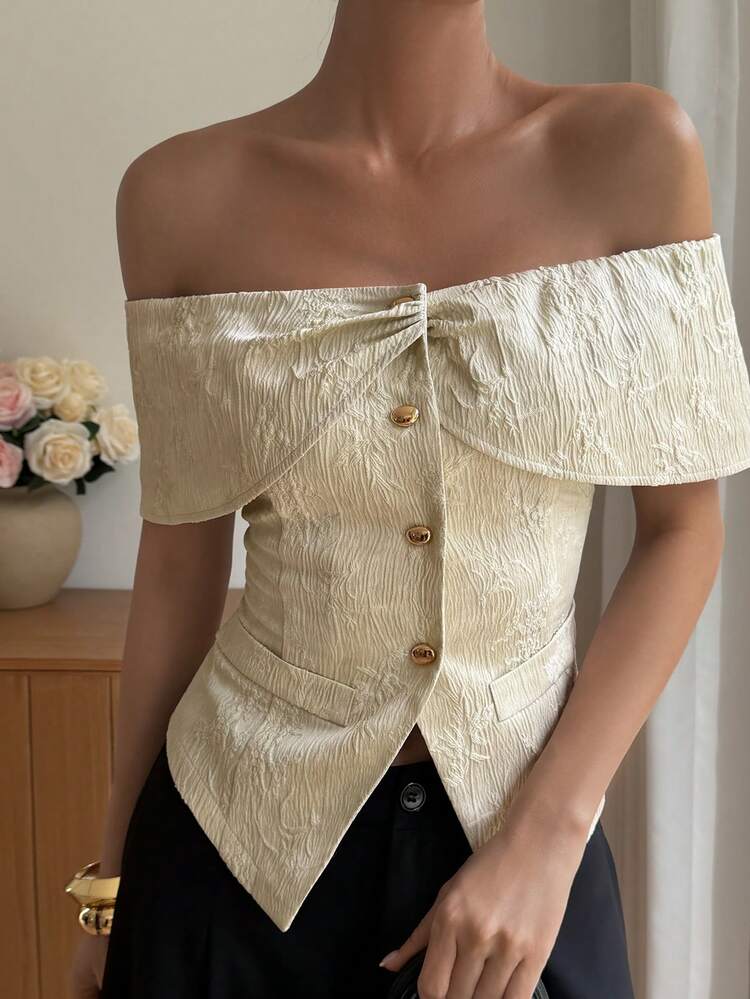 Women's Textured Off-Shoulder Short Sleeve Casual Shirt, Street Style Outfit