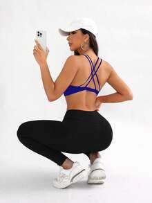 Easithlete Easithlete 女士纯色交叉露背日常健身运动文胸 - 寶藍色 - 查看 5