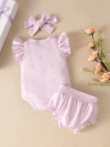 SHEIN 3件組 新生女嬰夏季粉色蝴蝶結印花連身衣與內褲，附髮帶，面料寬鬆舒適易穿脫 - 紫色 - 查看 4