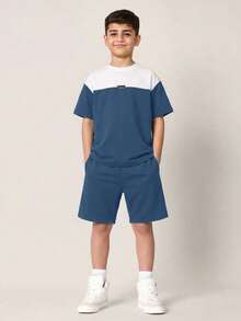 SHEIN 2件組/套 青少年男童休閒拼色圓領短袖T恤與短褲套裝，適合通勤、上學、日常休閒穿著、運動，春季/夏季 - 藍色 - 查看 3