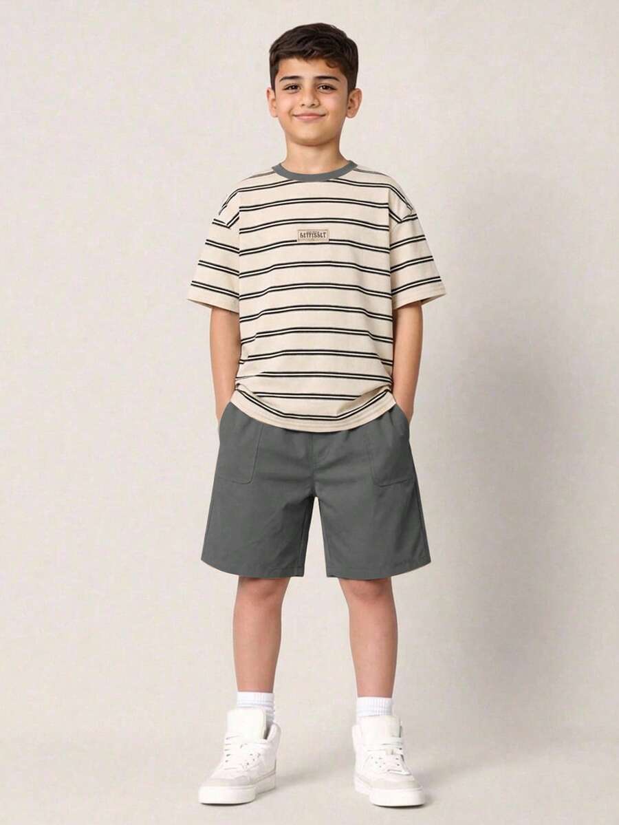 2pcs/Set Tween Boys Casual Comfortable Versatile Striped Print T-Shirt And Solid Color Shorts Set - Grey - View 1
