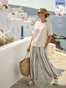 SHEIN LUNE Women's Holiday Casual Solid Color Top And Stripes Pants 2 Pieces Set Vacation Summer Two Piece For Women Co-Ord Matching Sets Outfit - Multicolor - View 1