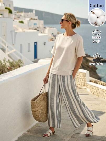 Faunlyn Conjunto de 2 piezas de top de unicolor y pantalones a rayas para vacaciones casuales de mujer