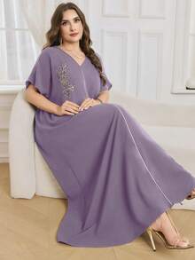 Al Najma Vestido largo de manga corta de unicolor, talla grande, estilo turco y árabe para mujeres - Morado - Ver 1