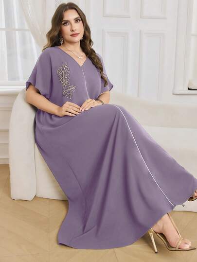 Al Najma Elegant Modest Plus Size Short Sleeve Turkish Arabic Maxi Purple Dress For Women, For Parties, Date Night Special Occasion Evening Events