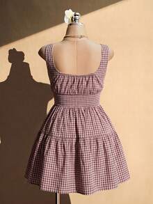 SHEIN ICON Plus Size Square Neck Woven A-Line Plaid Midi Dress, Summer Vacation - Multicolor - View 6