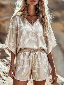 EMERY ROSE Minimalist Boho Leaf Print Plus Size Short Sleeve Shorts Set Vacation Beige Summer Beach - Khaki - View 1
