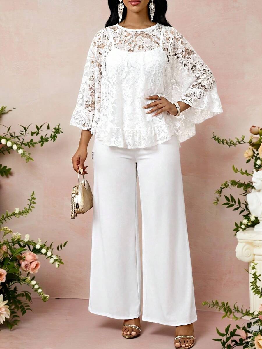 SHEIN Lady Women's Solid Color Lace Patchwork Round Neck Long Sleeve Top And Pants 2-Piece Set Holiday Outfits For Women Elegant Women's Set - White - View 1