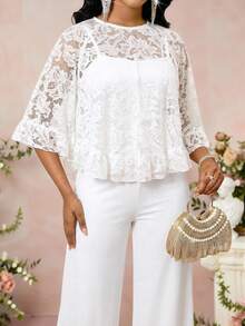 SHEIN Lady Women's Solid Color Lace Patchwork Round Neck Long Sleeve Top And Pants 2-Piece Set Holiday Outfits For Women Elegant Women's Set - White - View 5