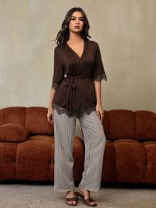 HautHeat Women's Lace Trim Robe With Waist Tie And Striped Print Pants Pajama Set, Suitable For Spring, Summer And Autumn - Rust Brown - View 3