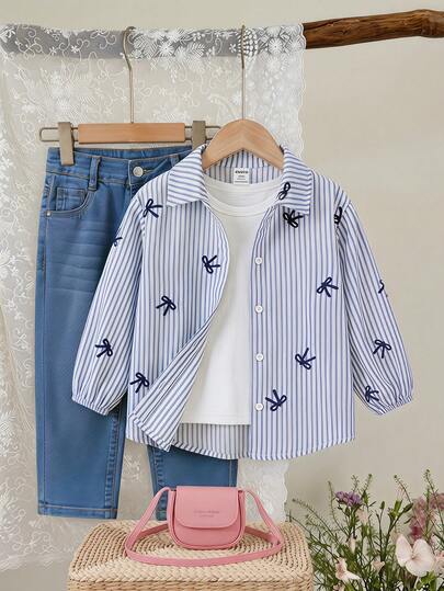 SHEIN Áo thun dệt sọc trang trí nơ cho bé gái kiểu dáng thường ngày