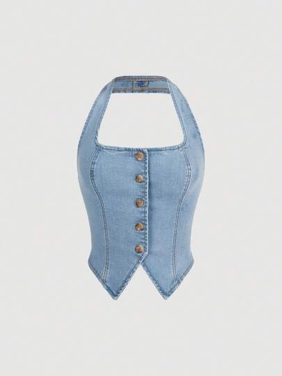 SHEIN MOD Áo sơ mi denim không tay cài cúc phía trước cỡ lớn, thời trang mùa hè.