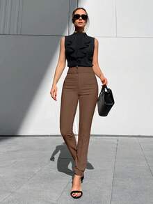 EURMUSE Solid Zipper Fly Skinny Pants - Chocolate Brown - View 5