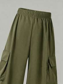 SHEIN 2pcs/Set Tween Girls Casual Cargo Pants Set,Green,Sagegreen,80s Back-To-School Outfit,Short Sleeve T-Shirtschool Trousers For Spring/Summer - Army Green - View 7