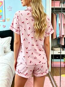 Joivida 2件組女款短袖短褲睡衣套裝 櫻桃印花休閒居家服 - 粉色 - 查看 9