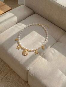 Resyla 1pc Bohemian Style Sea Themed Starfish And Seashells Pendant Necklace, Suitable For Women Beach Holiday Wear - Gold - View 4