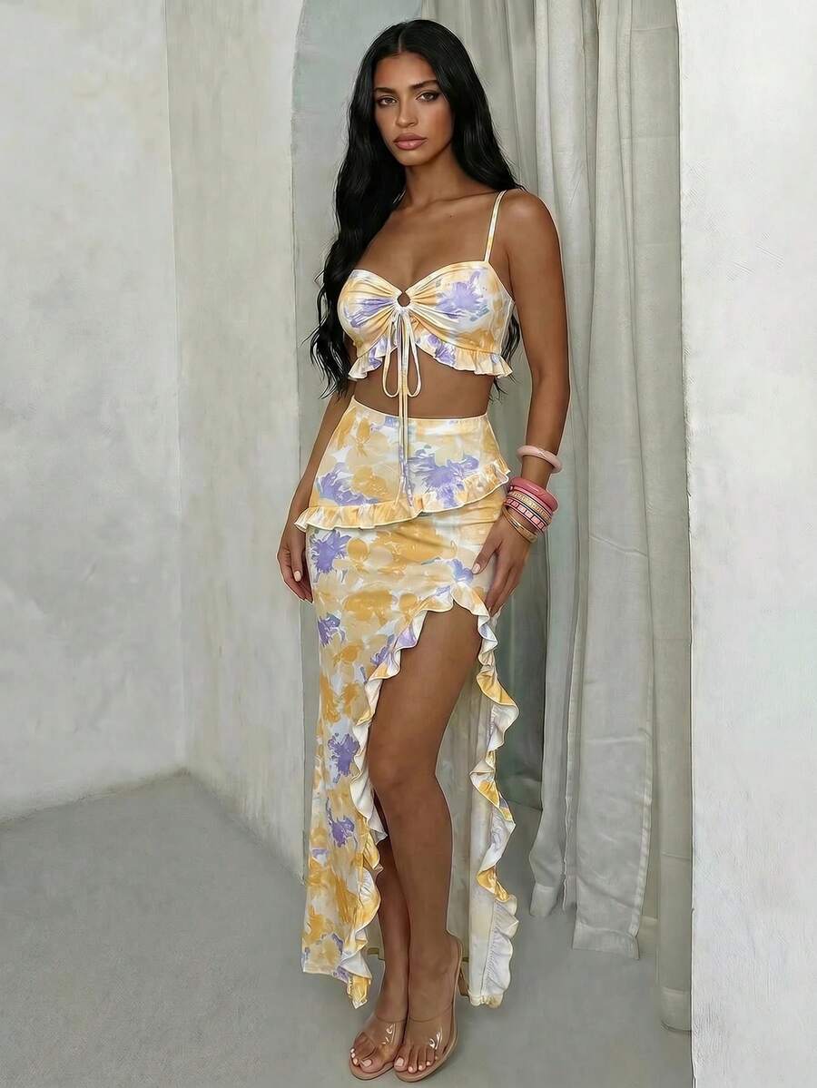 Glamine Setelan 2 Potong Camisole dan Rok Mini Pink Seksi untuk Pantai - Angsa kuning - View 1
