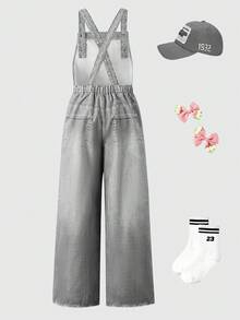 Elladie kids 青少年女孩牛仔效果印花蝴蝶結裝飾連身褲 - 彩色 - 查看 2