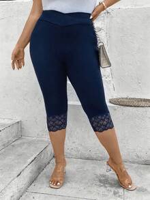 EMERY ROSE Plus Size Women Lace Patchwork Casual Versatile Daily Wear Leggings - Navy Blue - View 5