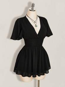 SHEIN ICON 女款夏季黑色極簡純色V領荷葉袖收腰迷你洋裝 - 黑色 - 查看 7