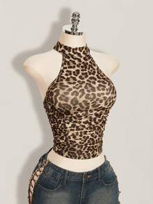 SHEIN ICON Y2k 夏季女款外出棕色嬉皮風性感休閒度假豹紋露背貼身短版掛脖上衣 - 彩色 - 查看 11