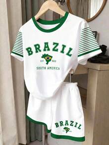 Set de 2 piezas de top de manga corta con cuello redondo y shorts con estampado minimalista para niñas preadolescentes - Blanco - Ver 4