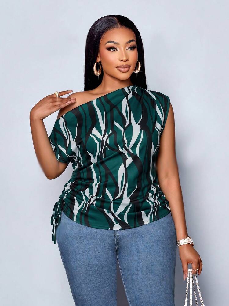 SOLERSUN Women's Plus Size Geometric Printed Asymmetrical Shoulder Drawstring Ruched Side Blouse, Random Print,One Shoulder Top - Multicolor - View 7