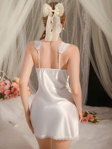 DelicateAllure Sheer Lace Patchwork Satin Luster Mini Slip Dress For Women - White - View 2