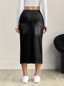 Flexra Plus Size Women Casual Versatile Everyday Denim Skirt With Pockets - Black - View 2