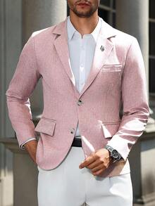 Manfinity Mode Men's Solid Color Notched Collar Single-Breasted Casual Versatile Daily Wear Long Sleeve Suit Blazer, Ceremony, Formal - Dusty Pink - View 4