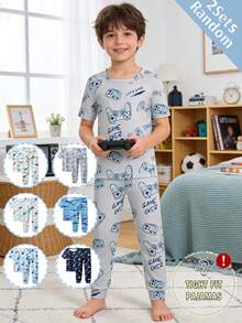 SHEIN 【6件套随机2件】男童睡衣，春夏新品，时尚热销元素：游戏机、鲨鱼、火箭、恐龙、宇航员图案印花，针织紧身高弹面料短袖长裤睡衣套装，2件上衣+2件裤子（随机发货） - 彩色 - 查看 4