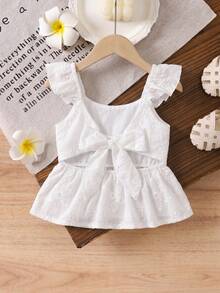 SHEIN LMoss Kids 女童白色刺绣蝴蝶结背心，百搭夏季度假装 - 白色 - 查看 8