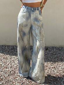 Livesso Quần jean denim nữ in họa tiết, có túi và cúc, kiểu dáng đa năng. - Màu xanh lam - Xem 5