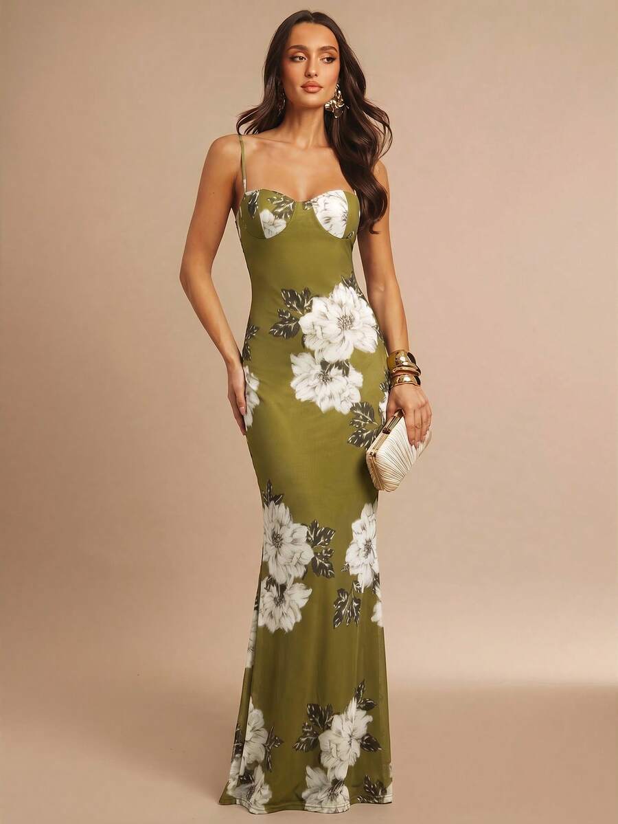 Silquee Women's Vintage Romantic Olive Green Floral Tulle Dress Summer Elegant Mother Of The Bride Dinner Date Formal Graduation College Wedding Prom - Green - View 1