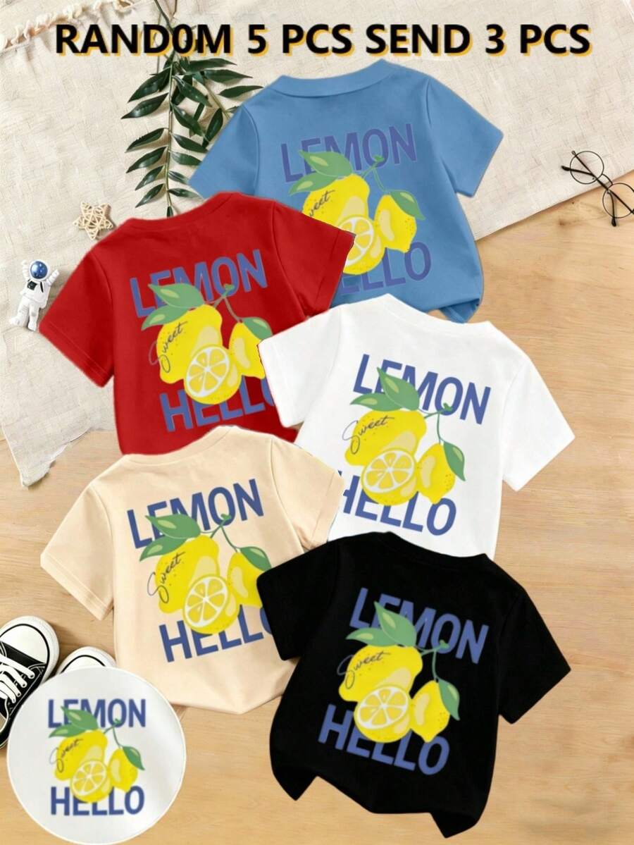 5pcs Randomly Shipped 3pcs, Casual Versatile Cute Lemon Pattern Vacation Style Short Sleeve Soft Top 3-Piece Set, Black/Blue/Apricot/Red/White Short Sleeve Summer Comfortable Casual Clothing, Summer Outing Photography Indoor Holiday Gift Fruit Print T-Shirt - Multicolor - View 1