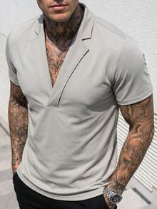 Manfinity CasualCool T-shirt casual da uomo con colletto alla coreana, versatile, a maniche corte, per uso quotidiano e vacanze - Grigio - Visualizzare 6