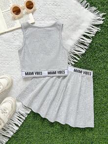 SHEIN Babygirl Cute Summer Casual Gray Bow Patchwork Letter Knit Camisole & Elastic Waist Skirt Set - Multicolor - View 5