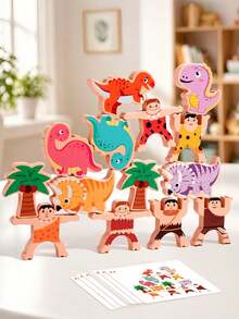 MINKOJA Kids Wooden Caveman & Dinosaur Stacking Balancing Toy With Double-Sided Challenge Cards Focus & Hand-Eye Coordination Training Parent-Child Interactive Educational STEM Building Blocks - Multicolor - View 10