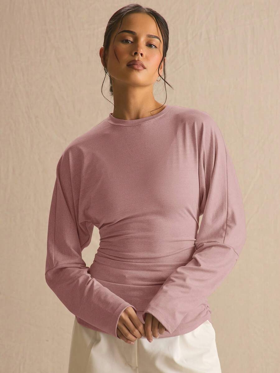MUSERA Top de manga larga con cintura fruncida y mangas de murciélago, estilo cottage core, lindo y acogedor para primavera y verano - Rosa Pálido - Ver 1