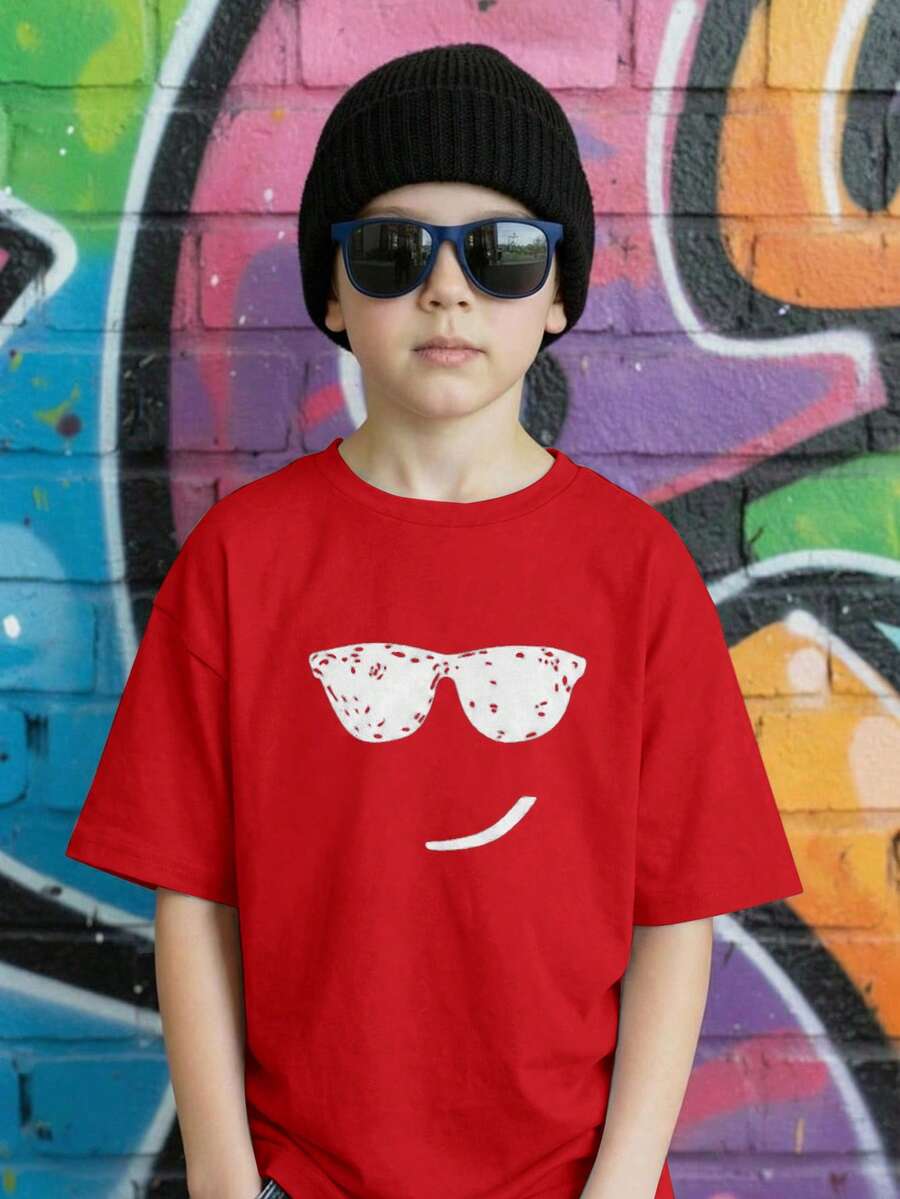 SHEIN 青少年男孩卡通印花圓領休閒百搭日常穿著短袖T恤 - 紅色 - 查看 1