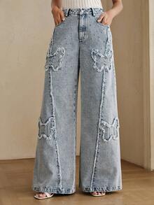 Anewsta Modern Summer Washed Blue Distressed Jeans With Butterfly Design For Women - Blue - View 1