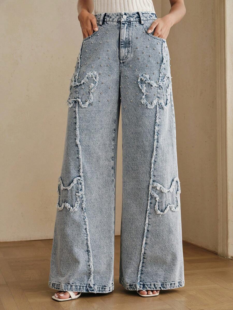 Anewsta Modern Summer Washed Blue Distressed Jeans With Butterfly Design For Women - Blue - View 1