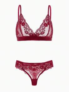 SHEIN Floral Lace Bra & Panty Lingerie Set - Burgundy - View 4