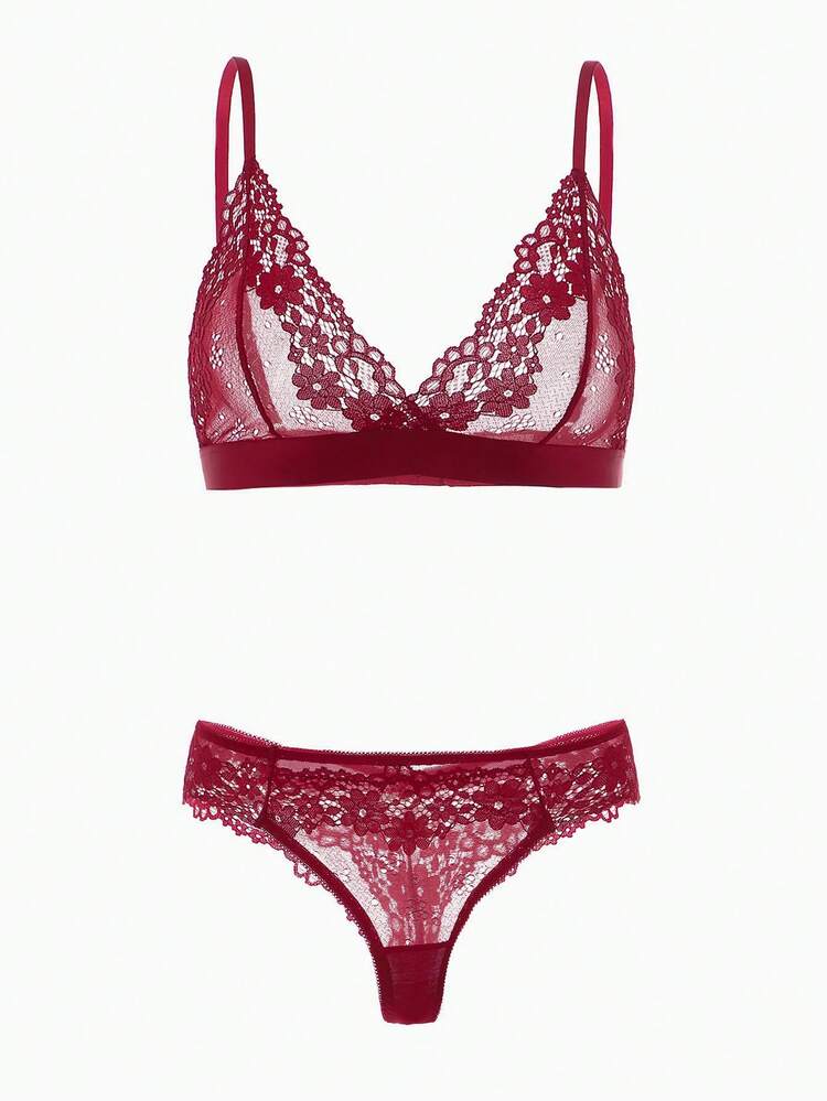 SHEIN Floral Lace Bra & Panty Lingerie Set - Burgundy - View 4