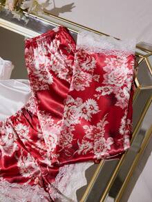 LuxeNights 3pcs Women Sexy Satin Camisole Sleepwear Set, Lace Trim Shorts & Printed Pants, Multi-Piece, All Season - Burgundy - View 4