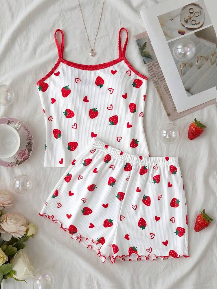 SHEIN Bộ đồ mặc nhà thoải mái, năng động dành cho bé gái tuổi teen, họa tiết dâu tây và trái tim, gồm áo hai dây ôm sát và quần short, thích hợp cho mùa hè. - Đỏ và trắng - Xem 2