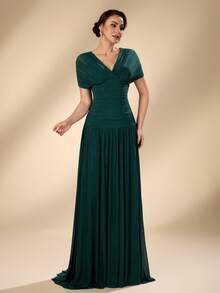 Serin Elegantes, luxuriöses, romantisches elastisches Strickkleid mit gerafften Ärmeln, V-Ausschnitt und Fischschwanzsaum in A-Linie, geeignet für Hochzeiten, Singles-Partys, Urlaub, Brautmütter, Abendkleider - Grün - Übersicht 7