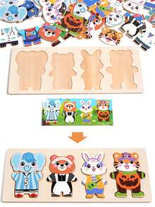 MINKOJA Kids Wooden Animal Dress-Up Puzzle Educational Career Recognition Matching Game Hand-Eye Coordination & Focus Training Role-Play Montessori Early Learning Toy - Multicolor - View 5
