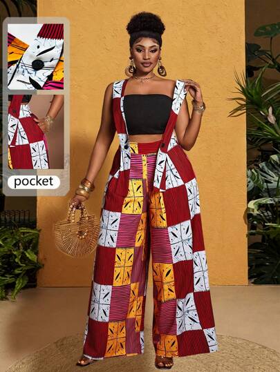 Maweii Plus Size Women's Abstract Colorblock Print Adjustable Strap Pocket Design Elastic Waist Wide Leg Pants, Suitable For Party, Date Night, Vacation, Summer Beach Outfit