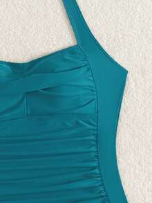 SHEIN Swim Women's Solid Color Ruched Halter One-Piece Swimsuit - Blue - View 6
